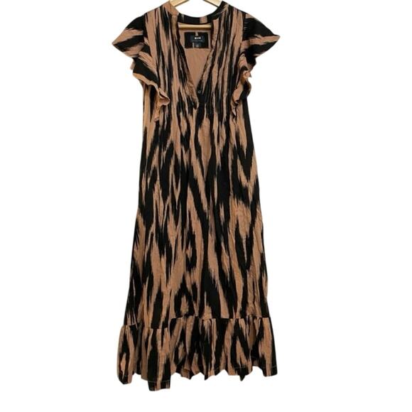 Maeve Cassandra Maxi Dress Flutter Sleeve Ruffle Hem Black Tan Womens Size XL - Picture 2 of 7